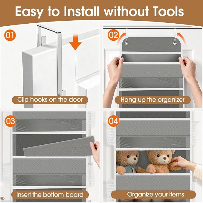 WISELIFE Over the Door Organizer Storage with 5 Large Pockets and Clear Windows, Hanging Organizer for Nursery Bedroom Bathroom Pantry Closet and Baby Essentials, Grey