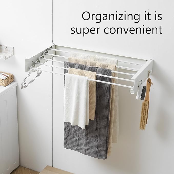RFOUO Wall Mounted Clothes Drying Rack,White 31.5" with Hooks | Foldable,Space saver Drying Rack for Laundry Balcony Bathroom, 5 Aluminum Rods, 60 lb Capacity