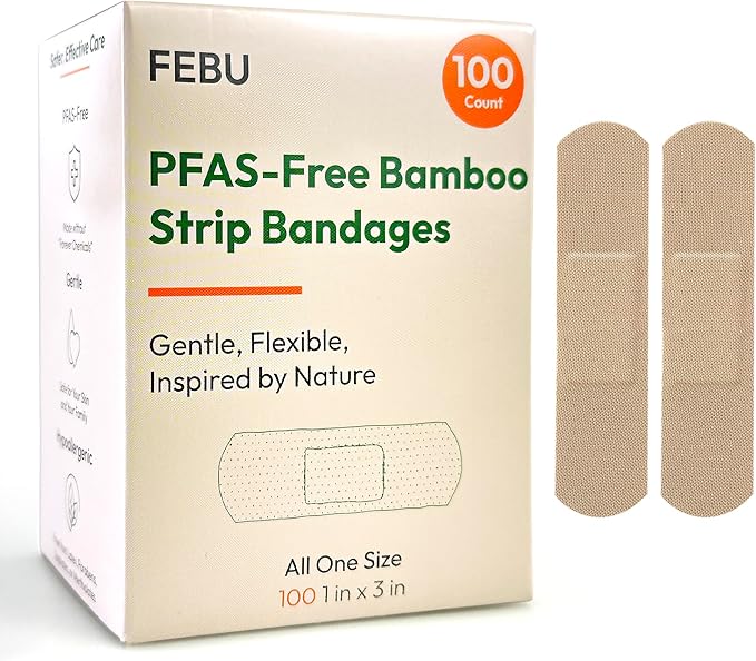 FEBU PFAS Free Bamboo Fabric Bandages, 1in x 3in, 100 Count Pack | Flexible Fabric, Latex Free, Natural Hypoallergenic, For Scrapes, Cuts & First Aid