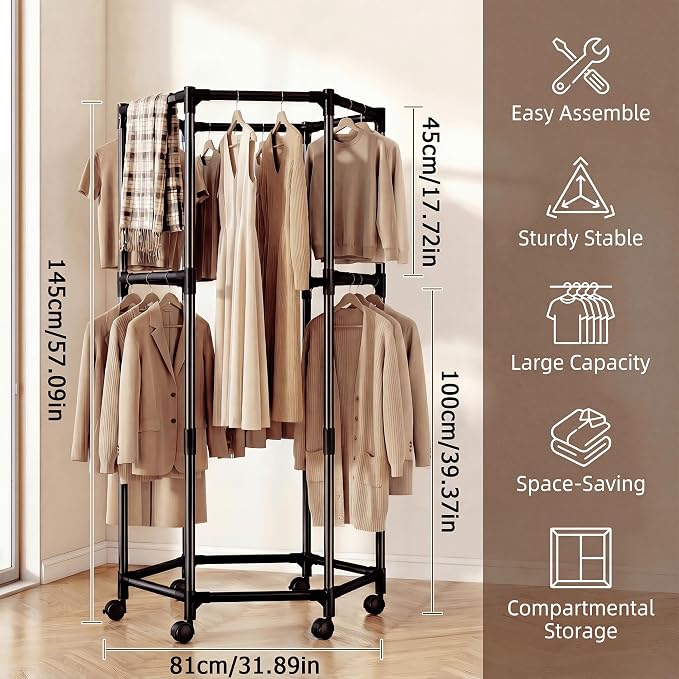 360° Rotating Hexagonal Clothes Hanger With Wheels, Space-Saving Freestanding Floor With Double Layer Hanging Bars, Multi-Compartment Floor-Standing Clothes Rack (Upgrade-Black)
