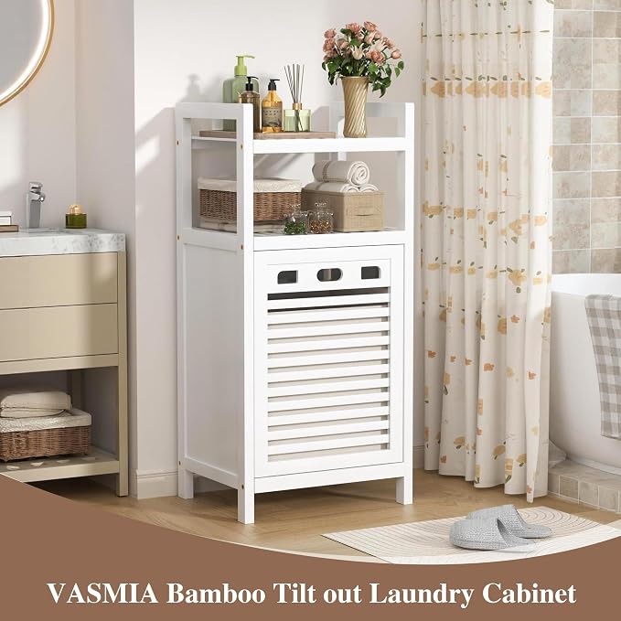 VASMIA Tilt Out Laundry Hamper,Bamboo Laundry Storage Cabinet with Shelf,10 Gal Hidden Laundry Basket Organizer for Bathroom,Laundry Room,White
