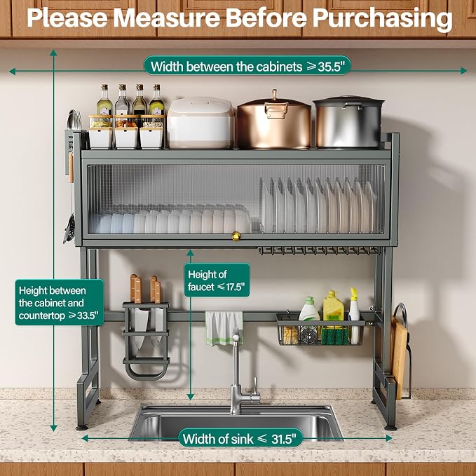 Over the Sink Dish Drying Rack 3 Tier with Dustproof Flip-Up Cover | Large Dish Drainer Storage Counter Organizer,Space-Saving Dish Rack for Dishes and Cutlery,Fits Sinks up to 36 Inches(Gray)