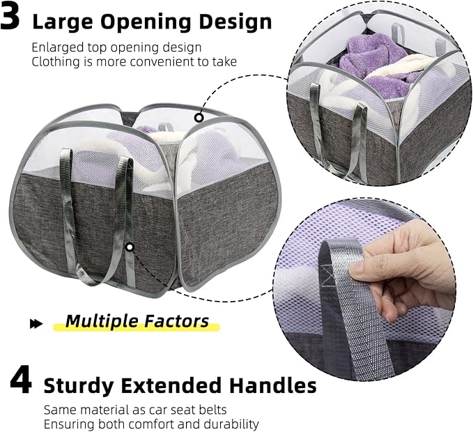 Collapsible Laundry Basket, 90L Tear Proof Mesh Pop-up Hamper 2PCS | Foldable Storage Clothes Bag with Reinforced Handles for Laundry, Bathroom, Dorm, Travel, Camping, Space-saving, Gray