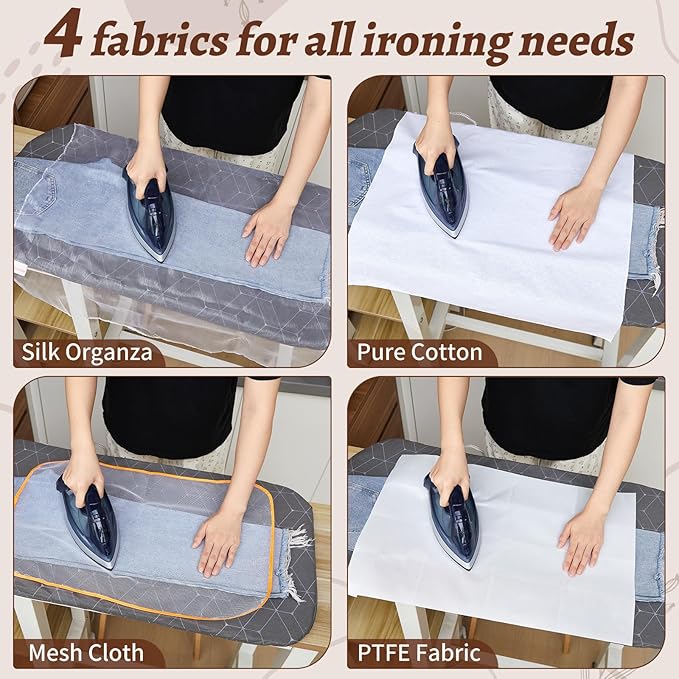 HunnmingRe 4 Types Pressing Cloth for Ironing, Including Silk Organza, Mesh, Cotton, PTFE Cloth Fabrics, 4 Types of Different Fabric Pressing Cloths for Clothes Protect (Large)