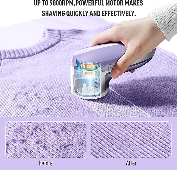 Ruidla Fabric Shaver Lint Shaver Defuzzer, Rechargeable Lint Remover | Electric Sweater Shaver with Replaceable Stainless Steel 3-Leaf Blades,Dual Protection,Removable Bin Easy Remove Fuzz(Purple)