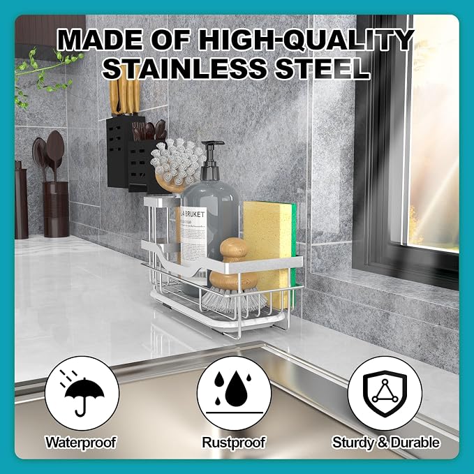 Vanwood Kitchen Sink Caddy Organizer Sponge Holder for Kitchen Sink, Rustproof Dish Soap Sponge Caddy for Counter with Detachable Brush Holder & Drain Tray - Storage Home & Cocina Accesorios, SILVER