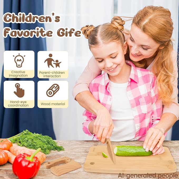 LUOLAO Wooden Kids Safe Knife and Kids Baking Set for Real Cooking, 6 PCS Toddler Montessori Kitchen Tools, Cooking and Baking for Little Chefs