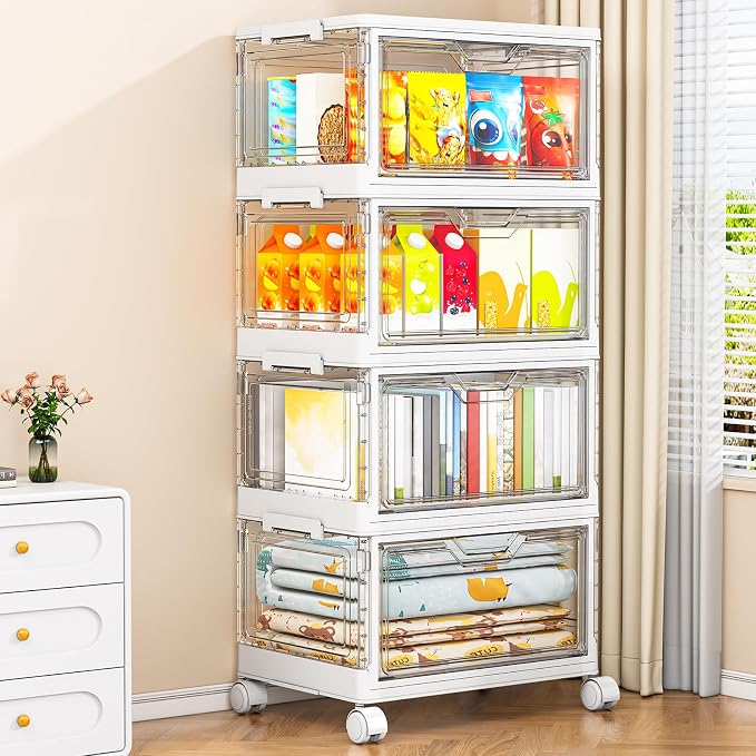 Kmiectse Clear Storage Bins with Lids - 4 Tier 28qt Plastic Stackable Bins | Clear Storage Bins with Lids - 4 Tier Plastic Bins with Wheels, Stackable Storage Bins, Closet Organizers Box
