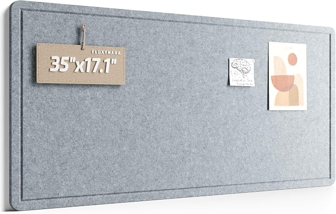 Fluxynara 35" x 17.1" Bulletin Board, Blue Gray | Cork Board Alternative with 12 Removable Adhesive Tabs, Foldable Felt Pin Board for Home, Office, Classroom & Dorm