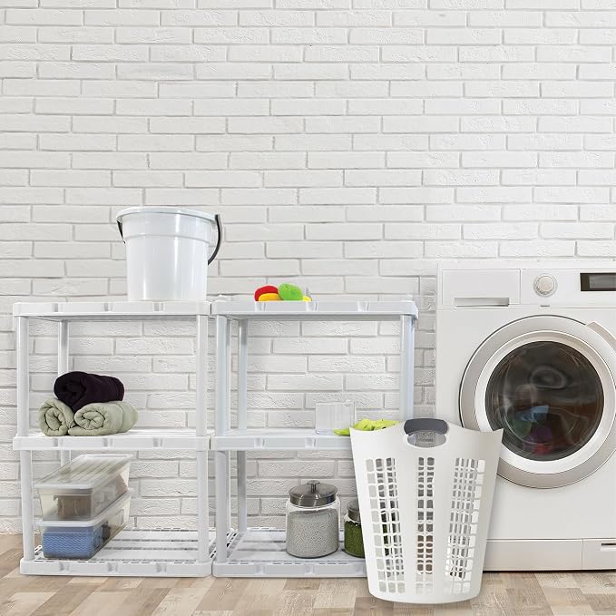 Gracious Living Laundry Basket, Easy Carry Flex Collapsible Hamper, 87.5L | Large Plastic Clothes Storage Organizer for Home, Bathroom, and Bedroom, White