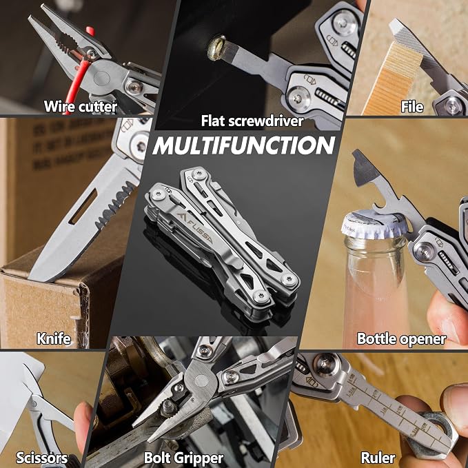 FLISSA 16-In-1 Multi Tool, EDC Multitool, Silver | Gift for Men, Stainless Steel, Pocket Knife, Pliers, Belt Clip, Oxford Sheath, Safety Locking, For Camping, Outdoor