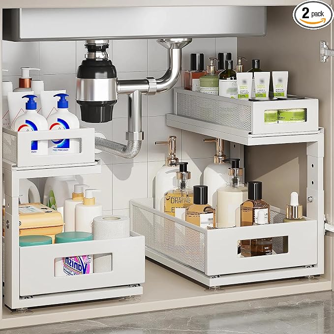 2 Pack Under Sink Organizer With Next-Gen Ball-Bearing Slides,2-Tier Pull Out Cabinet Storage,Height Adjustable Drawer Shelf for Bathroom,Kitchen,Laundry,Cabinet,Pantry(Patent Pending)