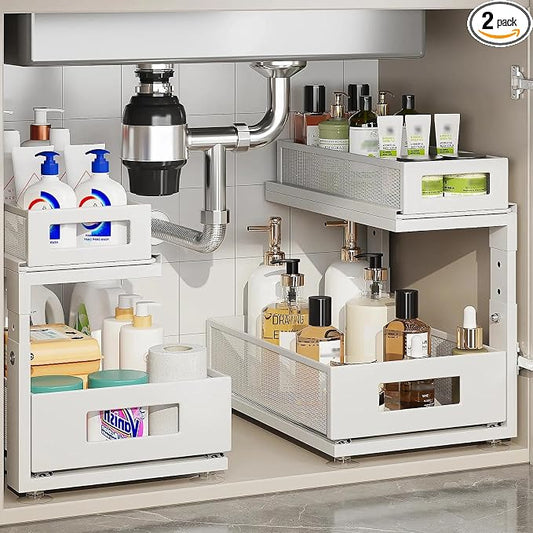 2 Pack Under Sink Organizer With Next-Gen Ball-Bearing Slides,2-Tier Pull Out Cabinet Storage,Height Adjustable Drawer Shelf for Bathroom,Kitchen,Laundry,Cabinet,Pantry(Patent Pending)