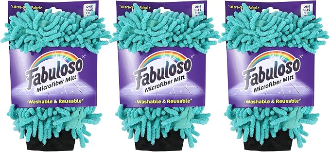 Fabuloso Microfiber Cleaning Mitt Glove, Teal, One Size, 3-Pack | Lint-free, scratch-free design, for dusting furniture, blinds, shelves, and car interiors, reusable daily