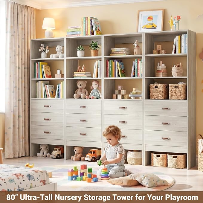 8FT Closet System with Leather Handles, 96" Walk-in Closet Storage Unit with Cabinet, Wood Wardrobe Closet Organizer and Storage with 12 Drawers, Set of 4, White Oak