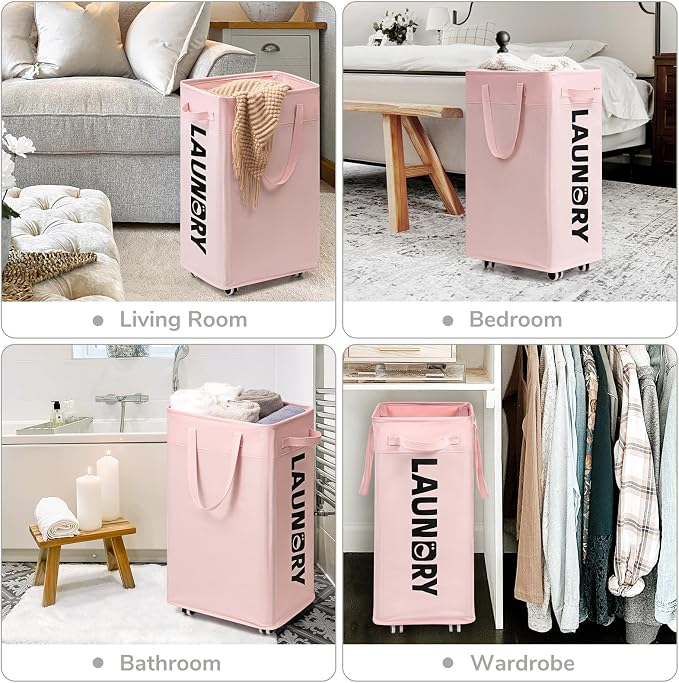 CHICVITA 75L Rolling Laundry Basket with Wheels Removable wash bag, Pink | Laundry hamper for dirty clothes dorm essentials. Pink room Decor for girls kids fit living room nursery room college dorm