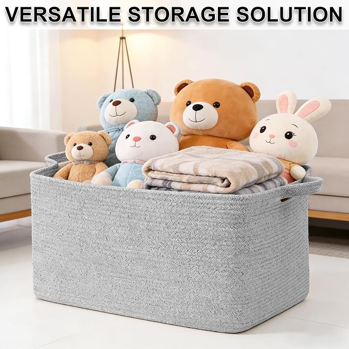 65L Large Laundry Basket with Handles, Woven Blanket Basket, Grey | 21"×16"×12" Collapsible Cotton Rope Storage Basket for Toys Clothes & Pillows, Nursery, Bathroom, Bedroom, Living Room