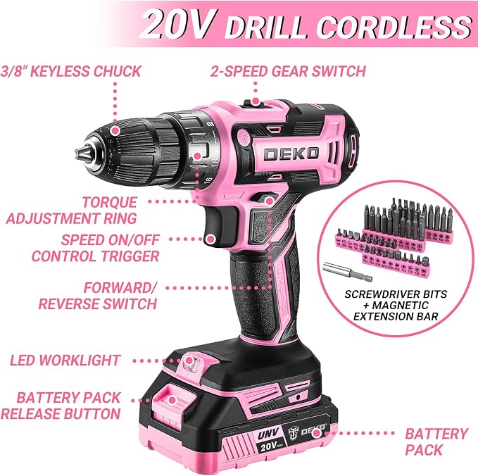 Pink Power Drill Tool Kit Set: 20V Cordless Electric Drill, Driver, Tool Box with Battery