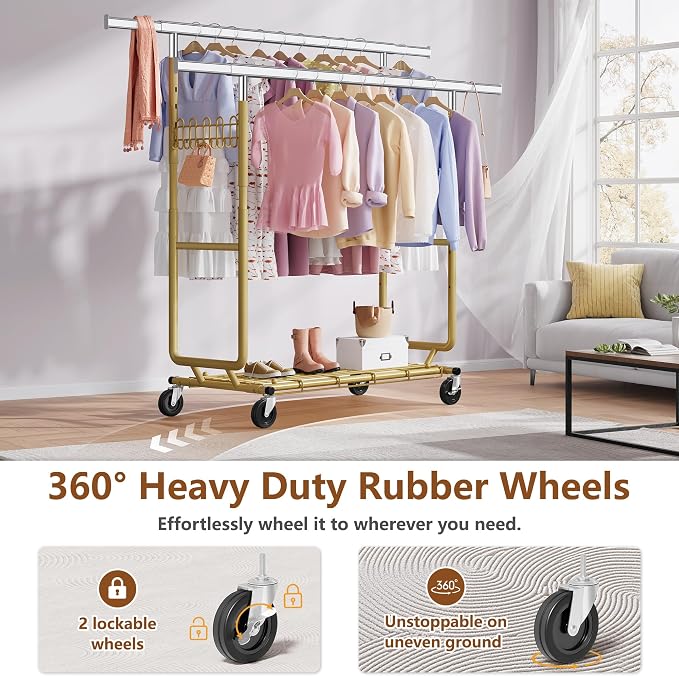 Hoctieon 2-Minute Assembly Double Rod Clothes Rack, Heavy Duty Rolling Clothing Racks with Wheels, Foldable Commercial Garment Rack, Extendable Hanging Bar, Adjustable Metal Pole with Hooks, Gold