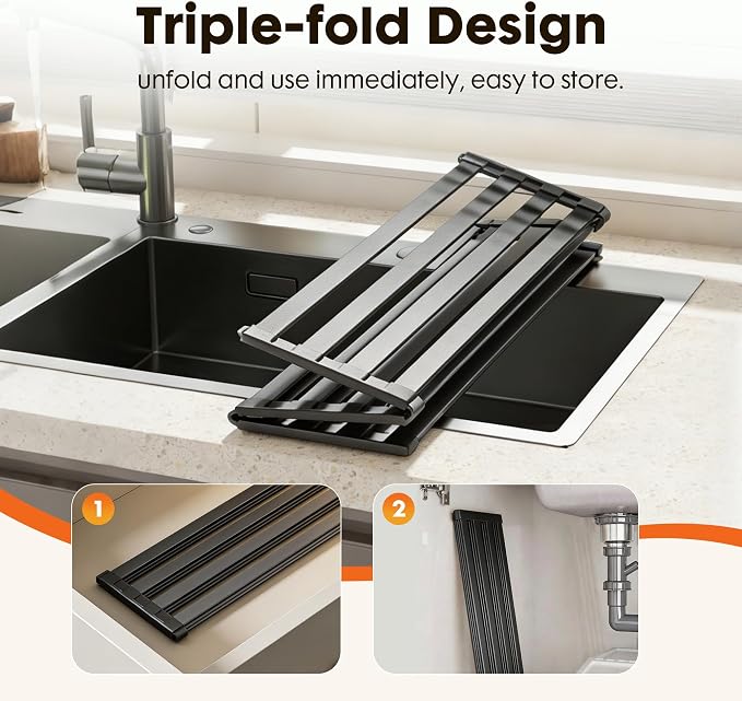 Foldable Over Sink Dish Drying Rack, Extra Wide & Thick Rust-Proof Aluminum Sink Cover for Counter Space, Collapsible Dish Drying Rack Fits Most Kitchen Sinks (Black, 20.5“x13.6)