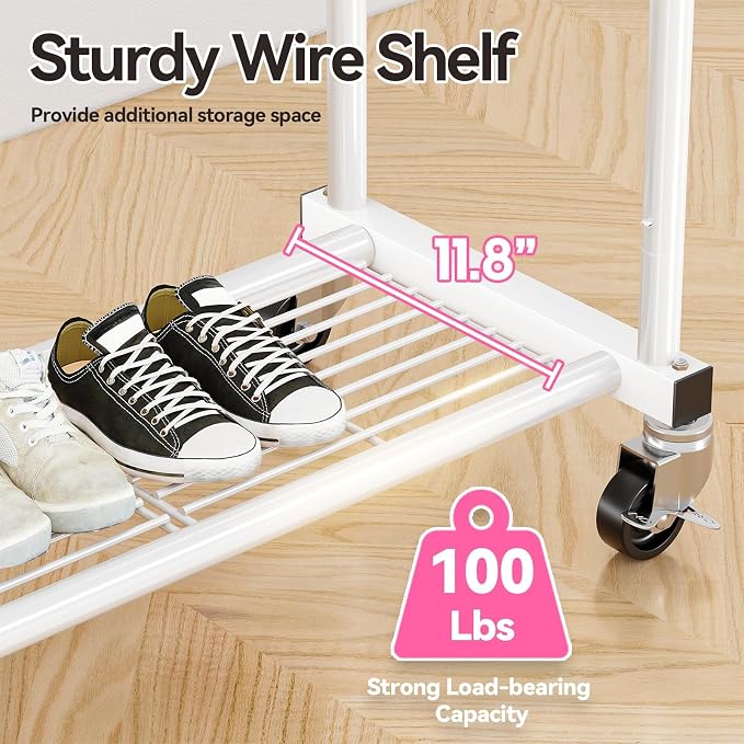 SUFAUY Commercial 80" H Clothes Rack for Hanging Dresses, Extend 50“L Double Rolling Garment Rack on Lockable wheels with Adjustable Rod and Storage Shelves, Load 350 LBS, White