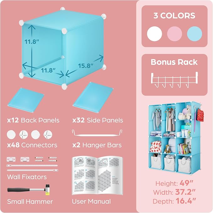 CUBEDIY Baby Closet Organizer for Nursery - Durable Baby Wardrobe Armoire for Closet - Customizable Dresser Shelves - Waterproof Shelf Clothes Organizer w/Wall Fixation (Blue)
