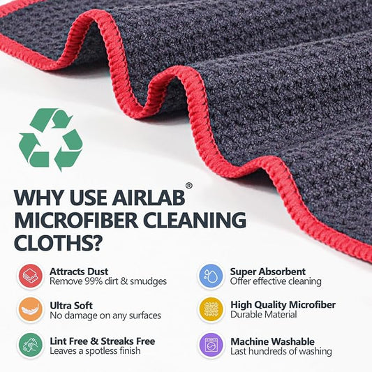 Airlab Glass Polishing Cloth Streak Free Miracle Cleaning Cloth Lint Free Microfiber Cleaning Rags for Glasses Kitchen Dish Mirrors Easy Clean, Pack of 6,12 x 12 Inches, Grey-red