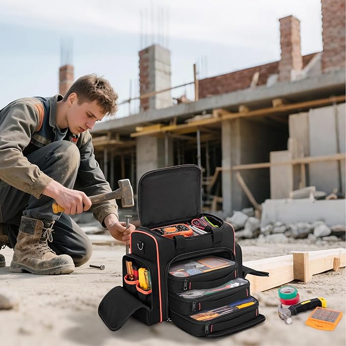 Marscamd Tool Bag with 3 Removable Cases, 2 Layers Tool Tote for Hand Tools, Black with Red Binding