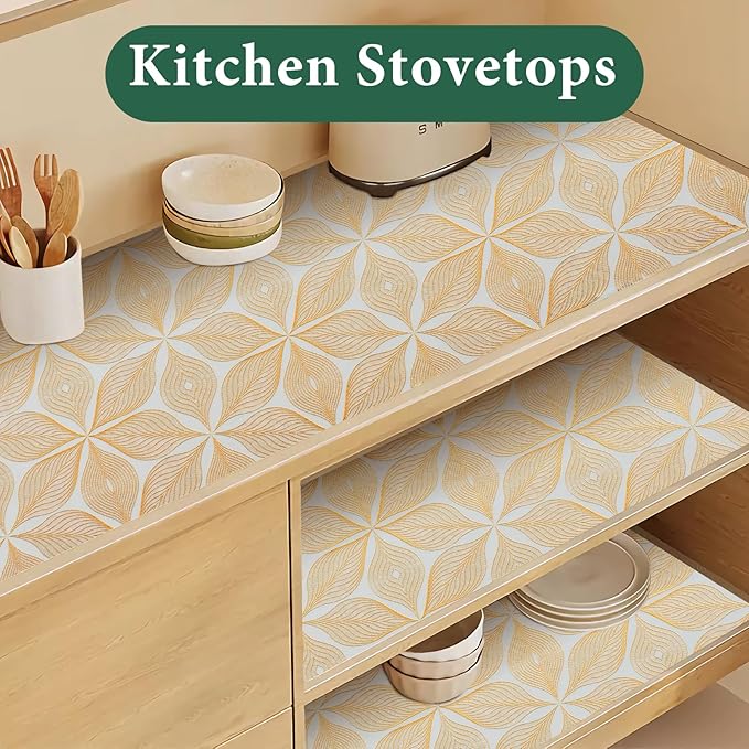 3D Drawer and Shelf Liner for Kitchen Cabinet: 17 in X 20 Ft Waterproof | Shelf Paper Non Adhesive Refrigerator Liners Golden Leaf Easy Liners for Bathroom with Knife Tape Measure