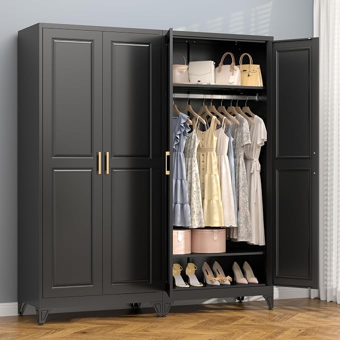 Polup Metal Armoire Wardrobe Closet with Hanging Rod, 71" Tall Wardrobe Cabinet for Clothes, Black Clothing Storage Cabinet with Doors and Shelves, Large Wardrobes for Bedroom, Office, School, Gym