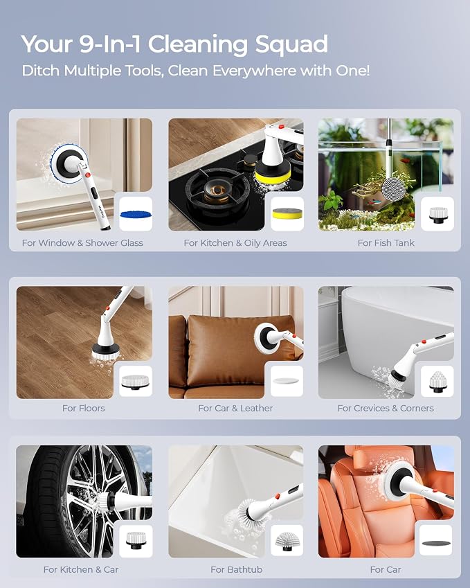 MayKing Electric Spin Scrubber with 9 Brush Heads, IPX7, Model White | 3-Angle & 4-Length Adjustable Cordless Power Scrubber, 3-Speed & Battery LED Display, for Bathroom, Tub, Floor & Tiles