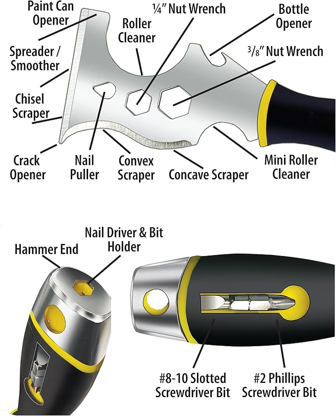 ALLWAY DSXG16 16-in-1 Painter's Multi Tool with 2 Screwdriver Bits | Soft-Grip Handle, Built-in Hammer End