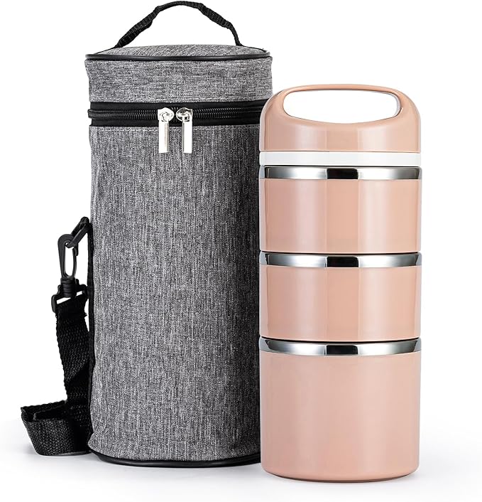 Lille Home Stackable Stainless Steel Thermal Compartment Lunch/Snack Box, 3-Tier Insulated Bento/Food Container with Lunch Bag and Three Extra Seals, 43OZ (Gold)