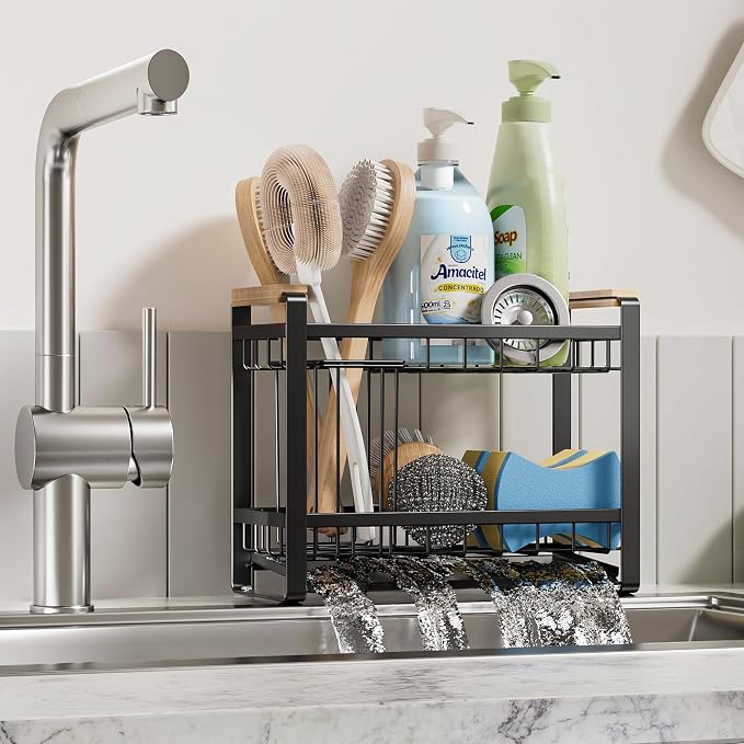Sink Caddy Organizer with Wooden Handle, 2-Tier Rustproof Metal Sink Organizer Non-Slip Suction Cups, Multi-Functional Storage for Sponge, Soap Dispenser, Kitchen and Bathroom Countertop Accessories