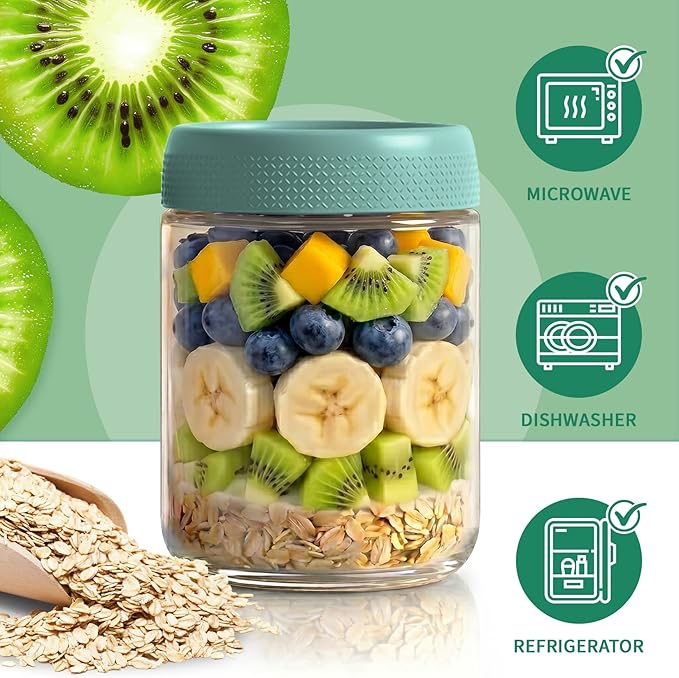 Glass Jar with Lid, Mason Jars 16 oz with Lids, Green Overnight Oats Jars | 6 Pack Glass Storage Containers with Lids, Yogurt Containers with Lids, Airtight Glass jars for Salad, Sugar, Parfait, Candy