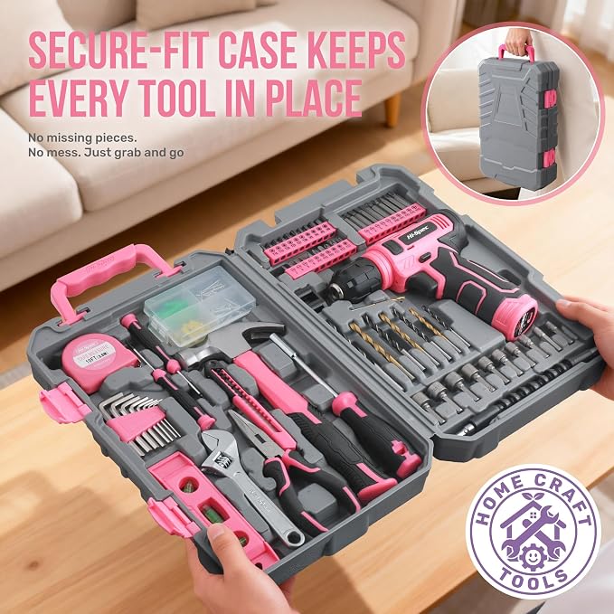 Hi-Spec Tool Set with 8V Drill Set Home DIY Repair & Maintenance, Pink | Cordless USB Electric Drill Driver, Hand Tool Kit for Women and Men, Complete Home DIY Tool Box, Gift, Home Setup help, Tidy