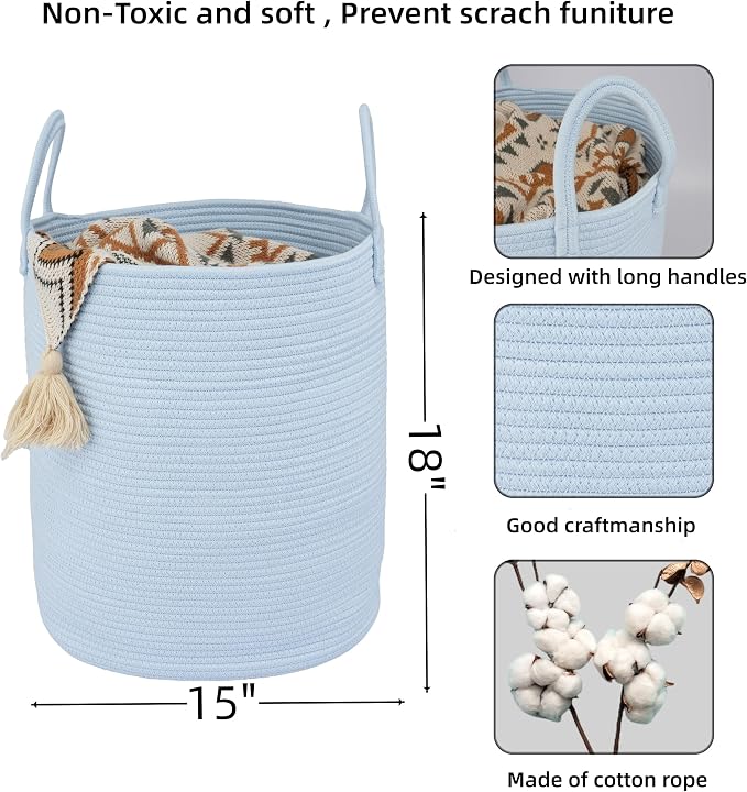 XUANGUO Cotton Rope Laundry Basket Hamper for Clothes, light blue | Woven Storage Basket for Living Room Bedroom Boho Tall Rope Baskets for Blanket Toys Pillow Towels Baby Nursery Hamper Bin