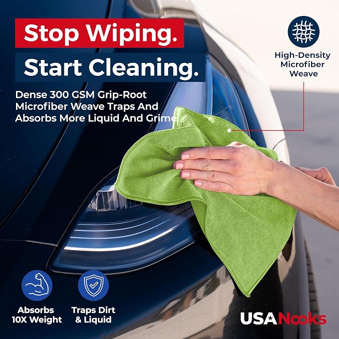 USANOOKS Microfiber Cleaning Cloth Light Green - 8 Pcs 12.5"x12.5" - High Performance - 1200 Washes, Ultra Absorbent Towels Weave Grime & Liquid for Streak-Free Mirror Shine - Car Washing Cloth