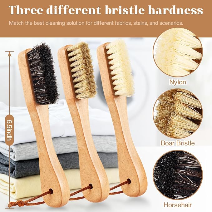 3 Pcs Wooden Laundry Stain Brush Stain Remover Dauber Brushes with Square Head Boar Bristle Small Stain Brush for Clothes for Scrubbing Stains from Furniture Fabric Leather(3 Pcs H)