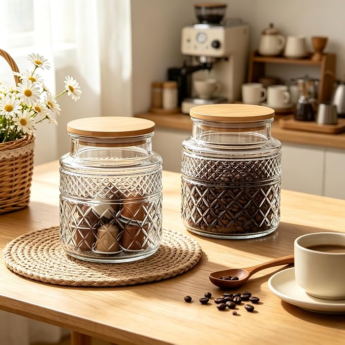 Prettidecor Glass Storage Jars, 38 FL OZ Airtight Canisters with Bamboo Lid, Decorative Kitchen Containers for Cereal, Nuts, Snacks, Candy, Cookies, Coffee, Tea