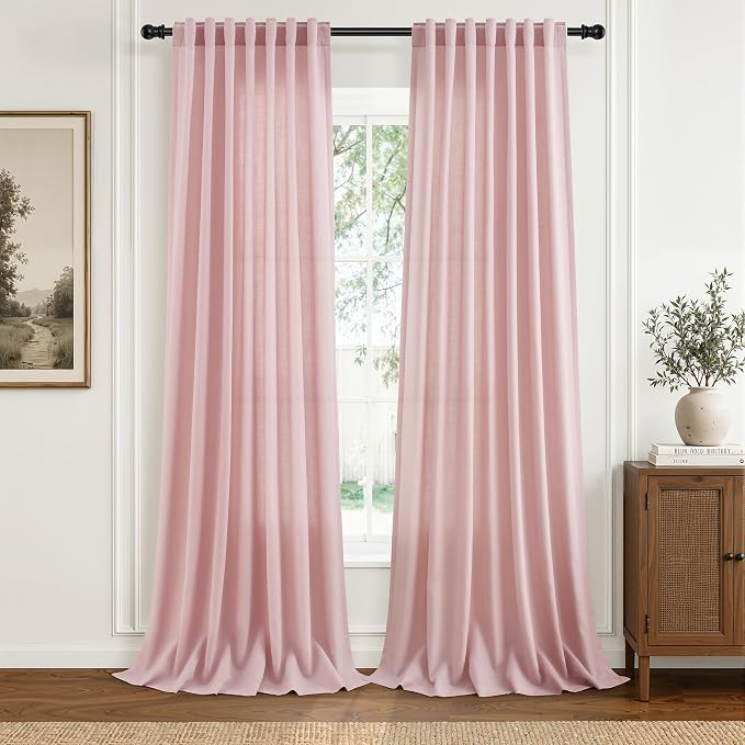 Hokibero Pink Linen Curtains 108 Inches Long Drape for Living Room 2 Panels | Light Filtering Semi Sheer Curtain, Back Tab Rod Pocket Pleated Look, Pink Drapes for Bedroom Nursery Privacy, Boho Farmhouse