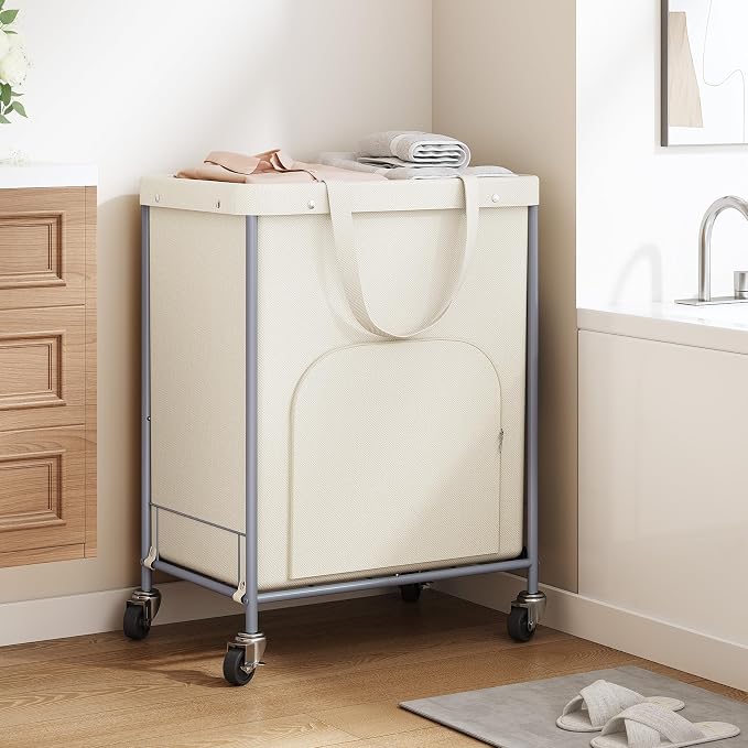 170L Large Laundry Basket with Wheels, Rolling Laundry Hamper Easy Access Clothing Minimizes Bending, Laundry Cart with 4 Silent Casters & Removable Bag for Bedroom, Bathroom, Laundry Room, Beige