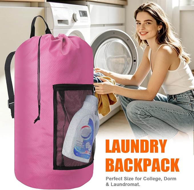 Laundry Bag Backpack Durable Laundry Bag with Shoulder Straps and Mesh Pockets Portable Laundry Hamper Dirty Clothes Bag for College, Travel, Laundromat, Apartment (Pink)