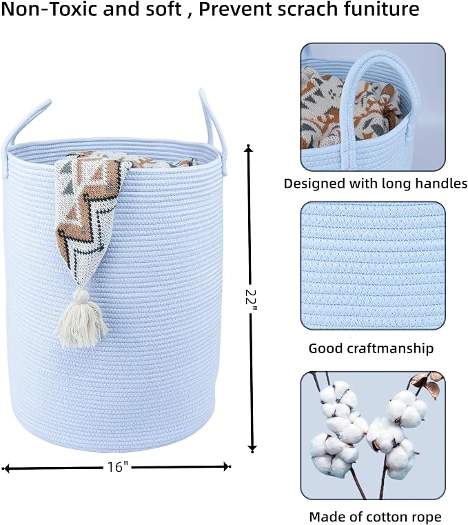 XUANGUO Cotton Rope Laundry Basket Hamper for Clothes, large light blue | Woven Storage Basket for Living Room Bedroom Boho Tall Rope Baskets for Blanket Toys Pillow Towels Baby Nursery Hamper Bin