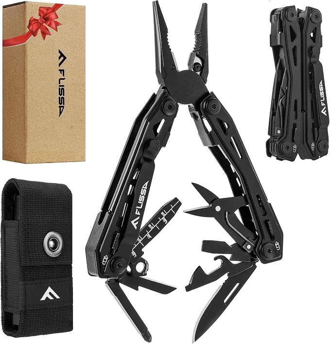 FLISSA 16-In-1 Multi Tool, EDC Multitool, Black | Gift for Men, Stainless Steel, Pocket Knife, Pliers, Belt Clip, Oxford Sheath, Safety Locking, For Camping, Outdoor