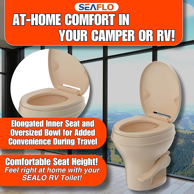 SEAFLO Bone RV Toilet, Residential Height 18.4", Gravity Flush Foot Pedal, Soft Close Seat, Camper Toilet for RV Motorhome Travel Trailer, Parchment, SFRTPH-02-01, 4-Year Warranty