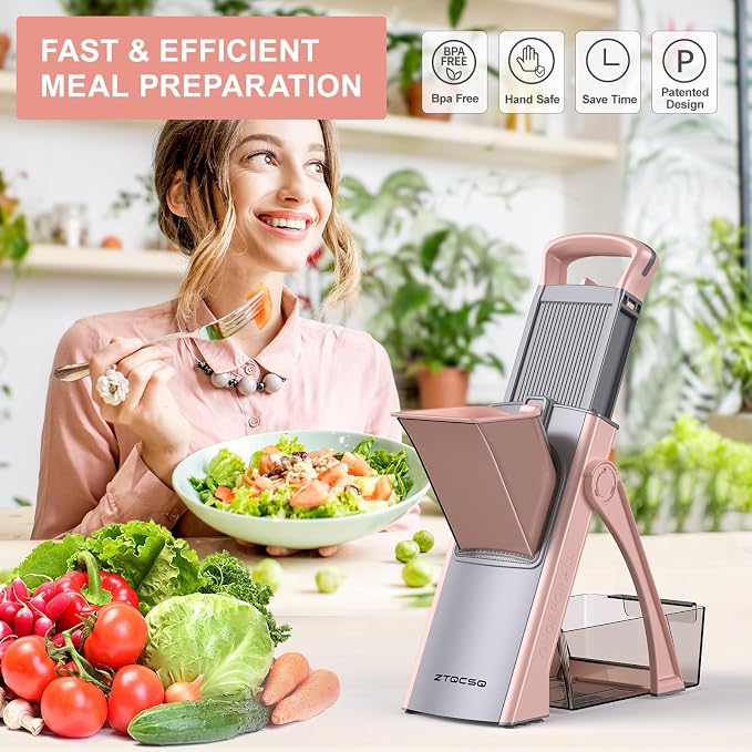 [All in 1] Upgraded Version Safe Mandoline Slicer for Kitchen, Adjustable Thickness. Veggie Slicer, Rapid Prep Mandoline, Detachable Blade, Cleaning Brush/Paring Knife (GrayPink)