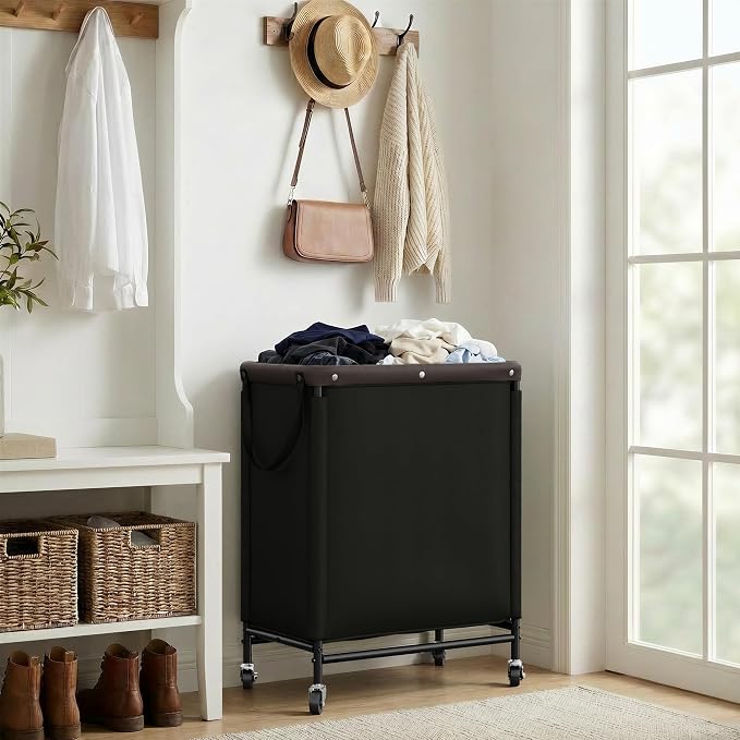 StorageWorks 2 Section Laundry Hamper, 100L Black Sorter Cart with Wheels