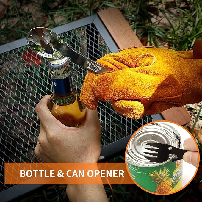 5-in-1 Utility Tactical Spork, 2-Pack Stainless Steel Spoon & Bottle Opener, Fork & Knife, Can Opener Combo Camping Utensil for Hiking, Camping or Backpacking (Black & Matte Silver)