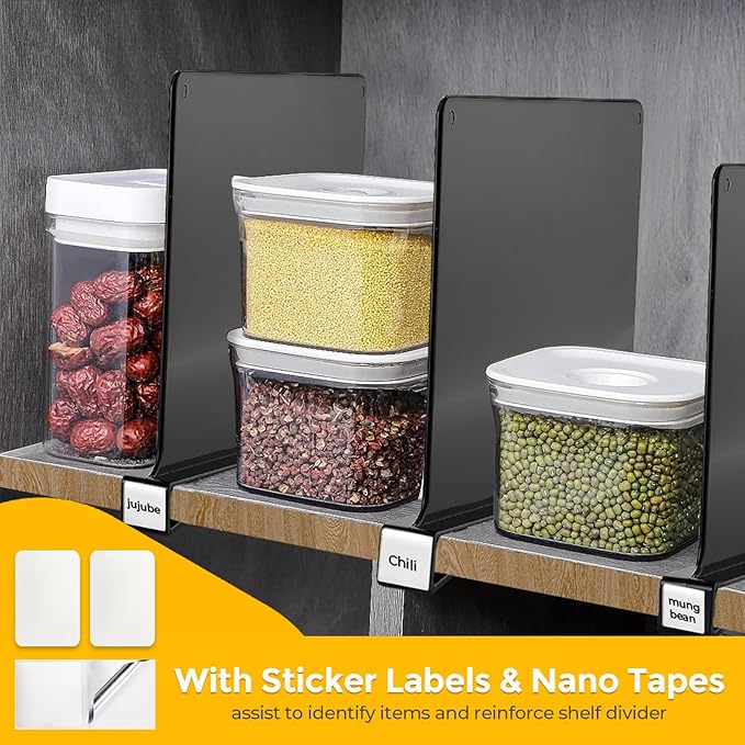 Matte Black Acrylic Shelf Dividers for Closets Organizer & Storage,12 Pack | Adjustable Vertical Wood Shelf Closet Separators, Keep Clean, for Clothes,Book,Bags, in Bedroom and Kitchen
